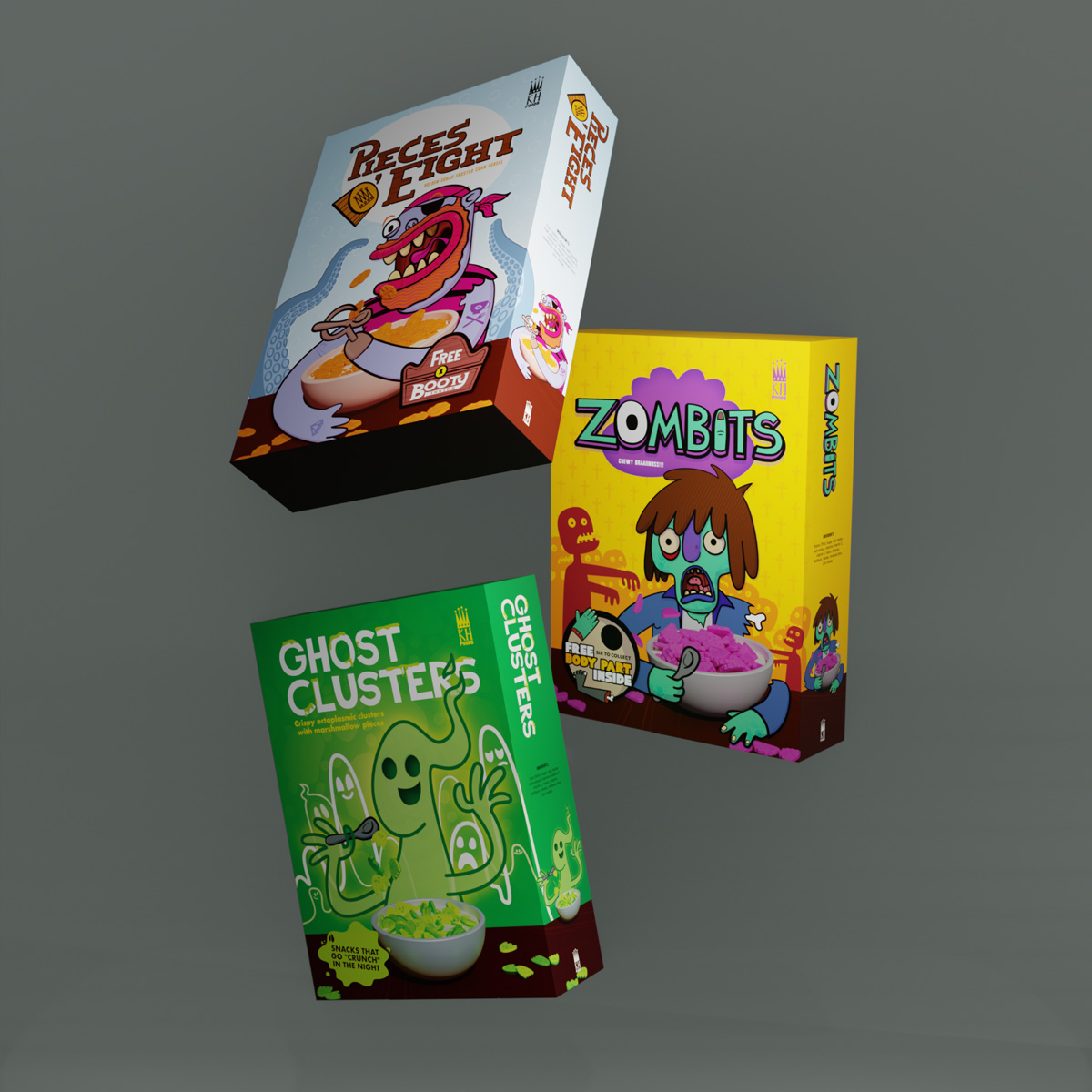 Illustrated cereal packaging character design mockups