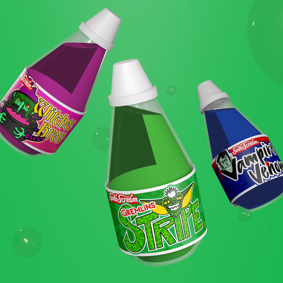 SodaScream Halloween soda syrup bottle mockups in spooky flavours: Witches Brew, Gremlins Stripe and Vampire Venom.