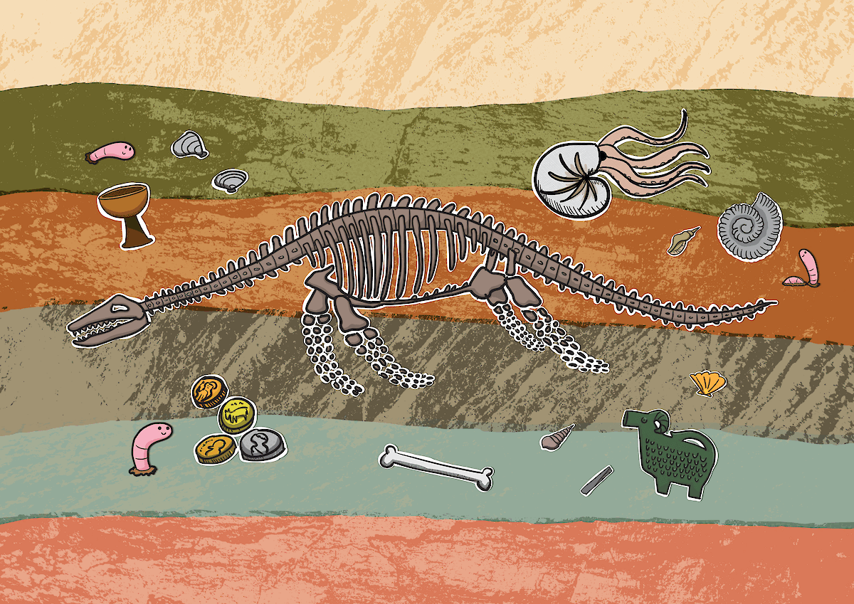 Vector illustration of fossils, bones, Roman coins, ec on a textured background.