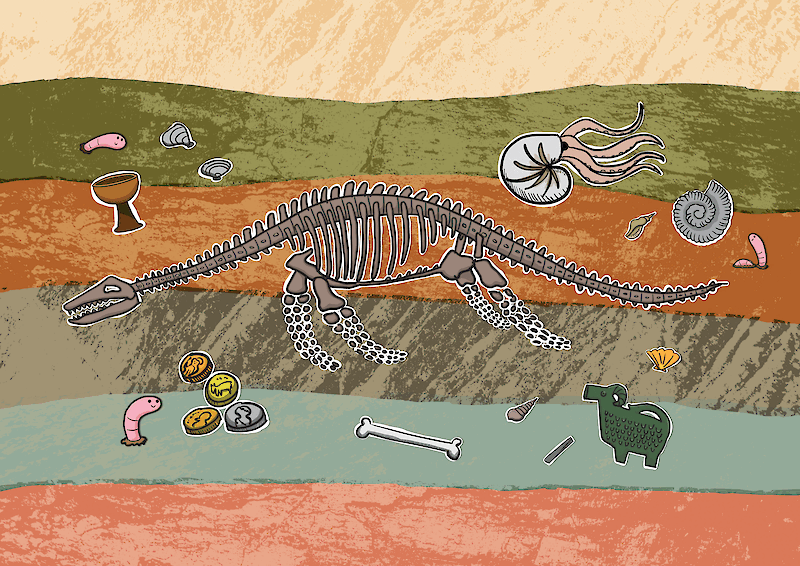 Vector illustration of fossils, bones, Roman coins, ec on a textured background.