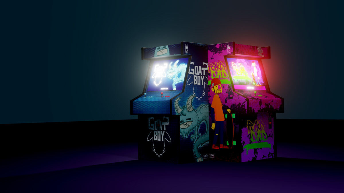 3D illustration of fictional arcade game machines