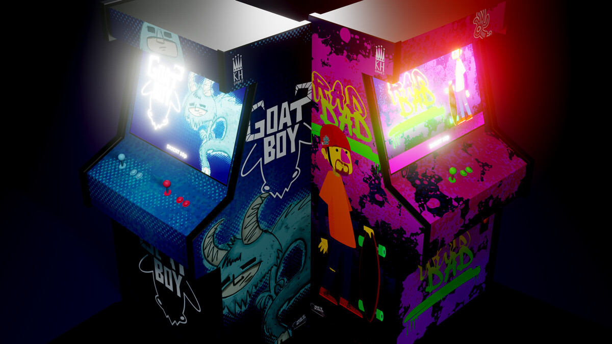 3D illustration of fictional arcade game machines