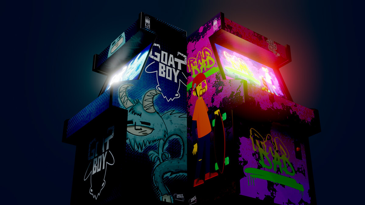3D illustration of fictional arcade game machines