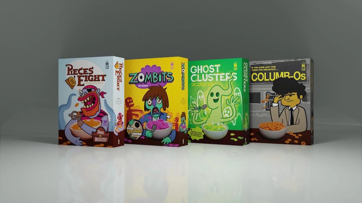 Colourful illustrated cereal box mockups featuring retro cartoon character designs for custom food packaging.