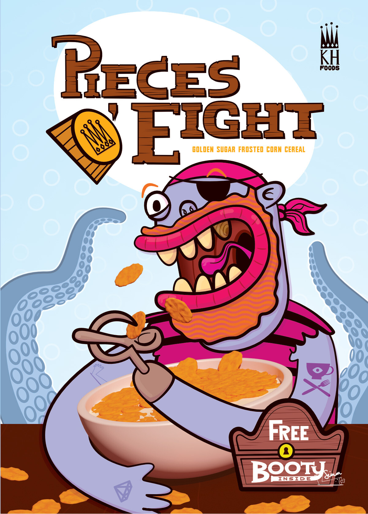 Pieces O' Eight cereal box design featuring a colourful cartoon pirate mascot eating golden corn flakes.