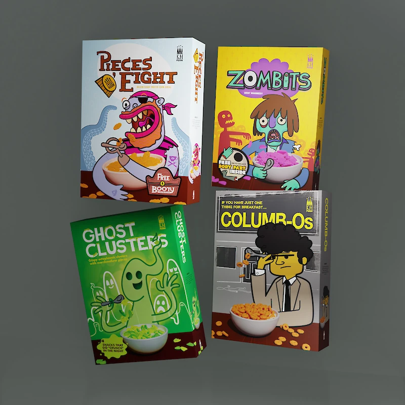 Colourful illustrated cereal box mockups featuring retro cartoon character designs for custom food packaging.