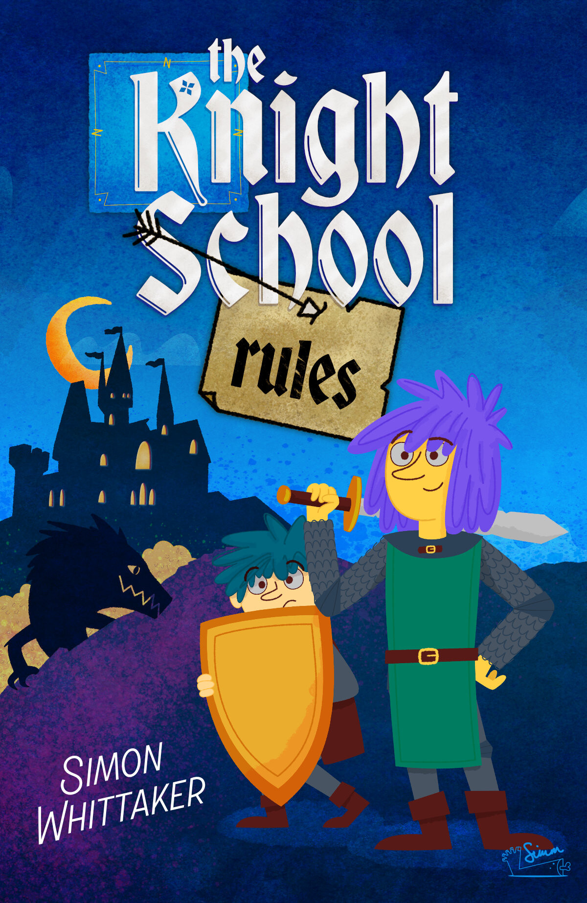 "The Knight School Rules" book concept, personal project, featuring cartoon knights in armour.
