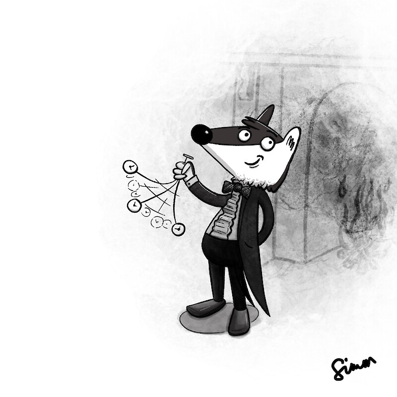 A smartly dressed badger, looking highly suspicious and swinging a pocket watch from one of his paws. He's trying very hard to conceal something behind himself. Drawmoor Twitter challenge prompt.