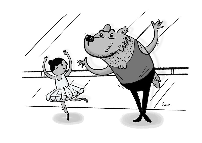 A large bear practicing ballet. Drawmoor Twitter challenge prompt.