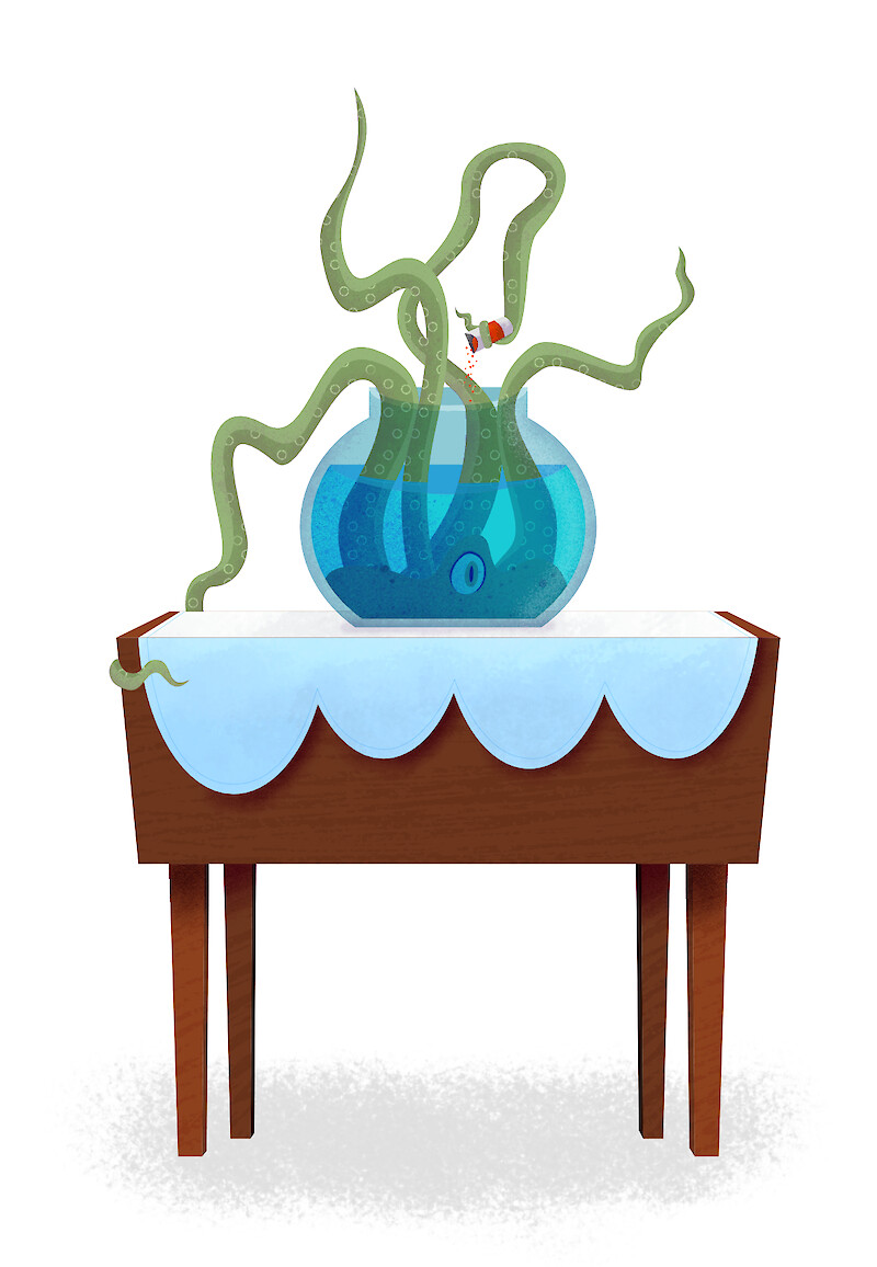 Illustration of a tentacled monster in a fishbowl