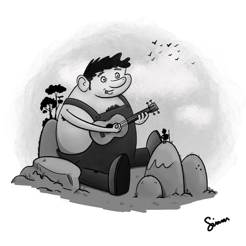 A giant playing a musical instrument to a captive audience. Drawmoor Twitter challenge prompt.