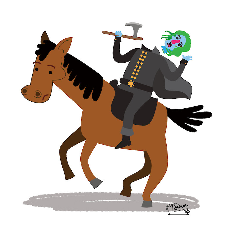 Clumsy headless horseman illustration.