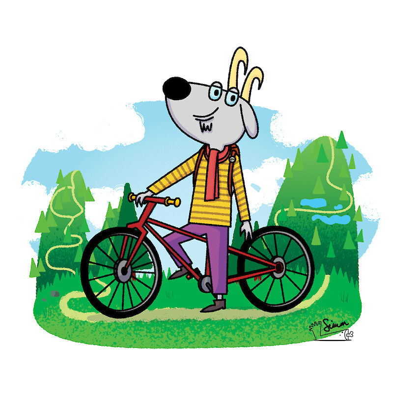 A goat, cycling through the mountains on holiday.