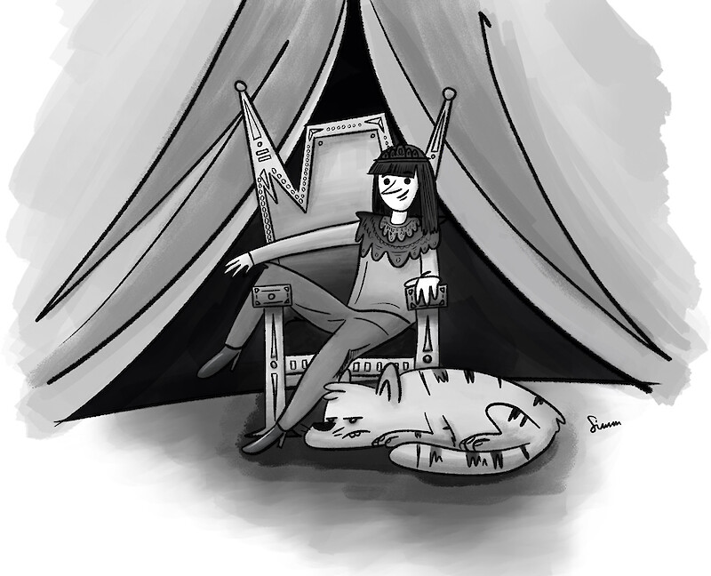 An evil Queen & her faithful pet. The Queen is perched upon her throne, looking pleased with herself. Drawmoor Twitter challenge prompt.