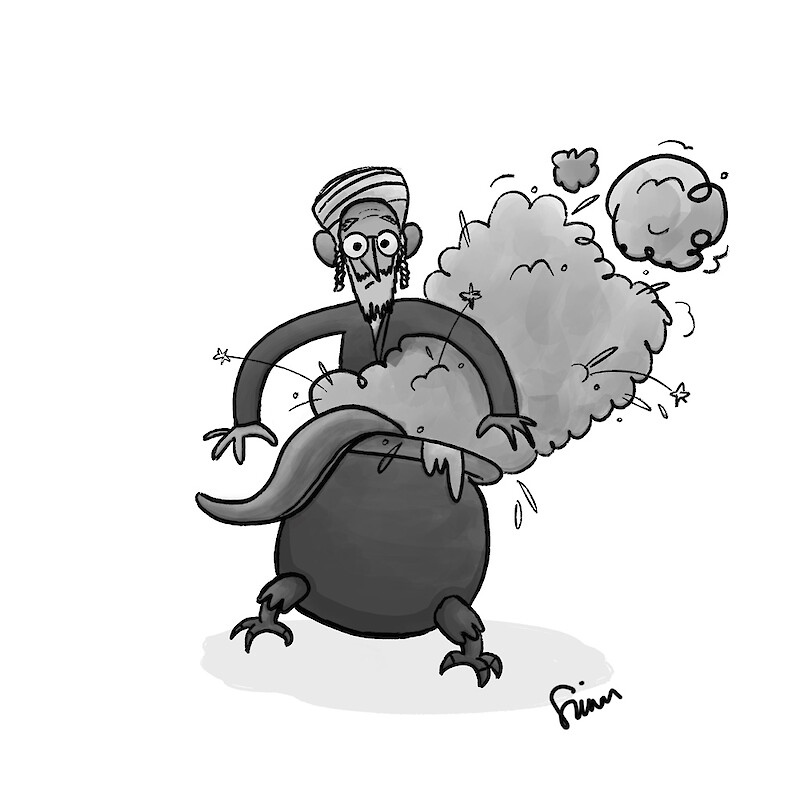 An ancient Sorceror is casting a spell and looking nervous as something bizarre emerges from the smoke. Drawmoor Twitter challenge prompt.