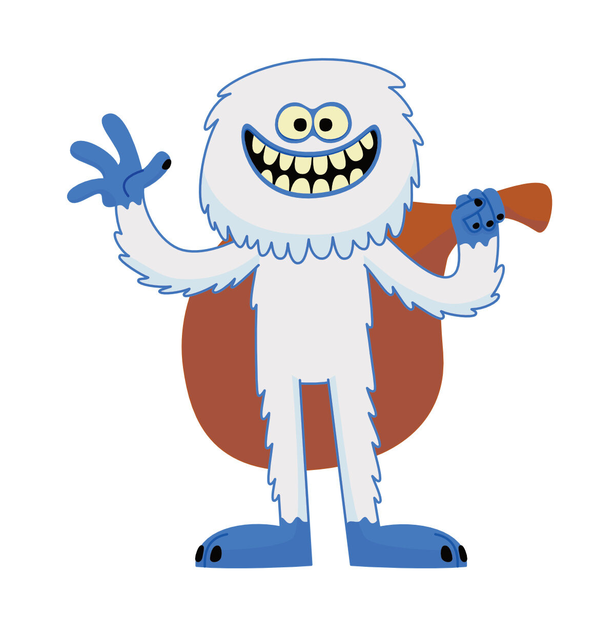 Friendly cartoon yeti character design in a standing pose, waving with a happy smile and carrying a sack. Cute abominable snowman.