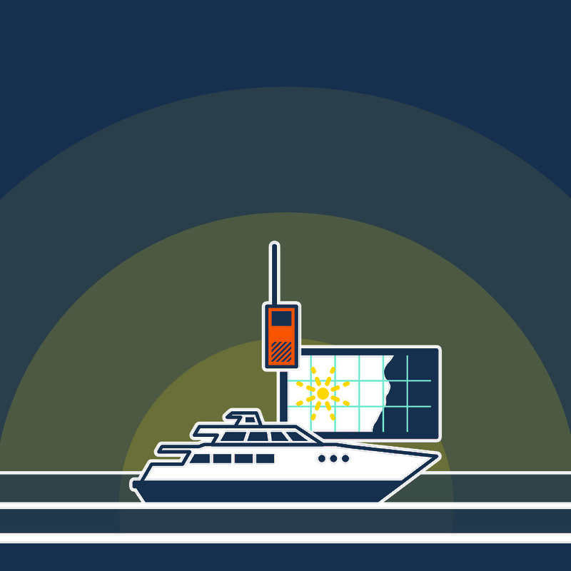 EVDS marine safety infographic showing a yacht, radio and digital electronic visual distress signal map.
