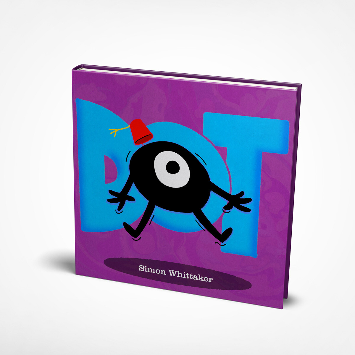 Children's picture book cover mockup for "Dot", featuring a colourful cartoon character in a red fez.