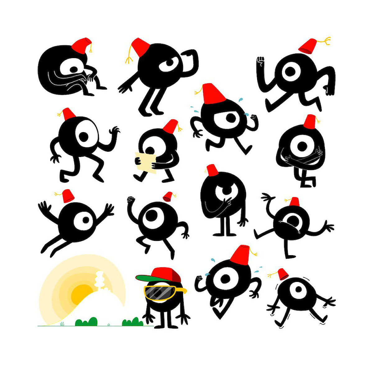2D character pose sheet showing a black cartoon cyclops wearing a red fez hat in various expressive poses.