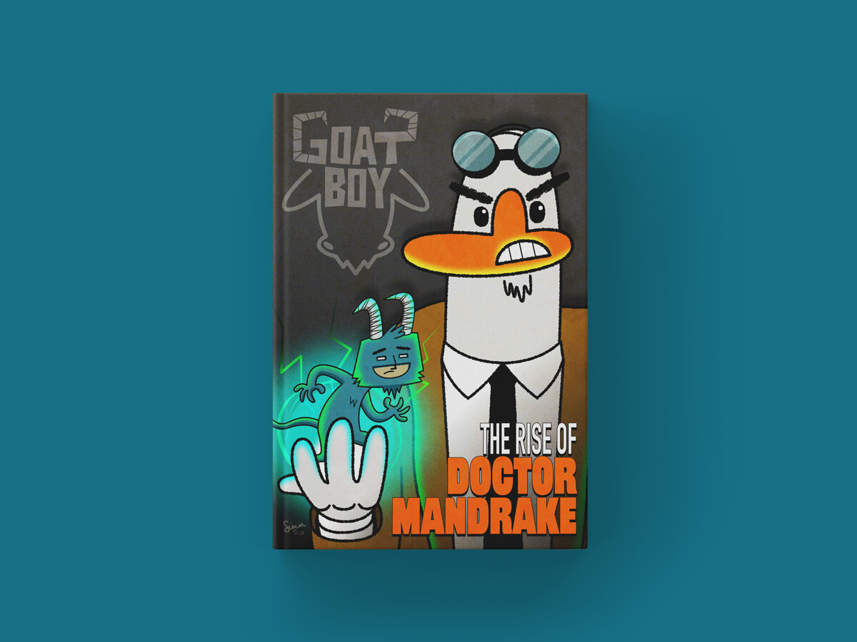 Alternate Goat Boy and the Rise of Dr. Mandrake book cover mockup featuring colourful cartoon illustration characters.