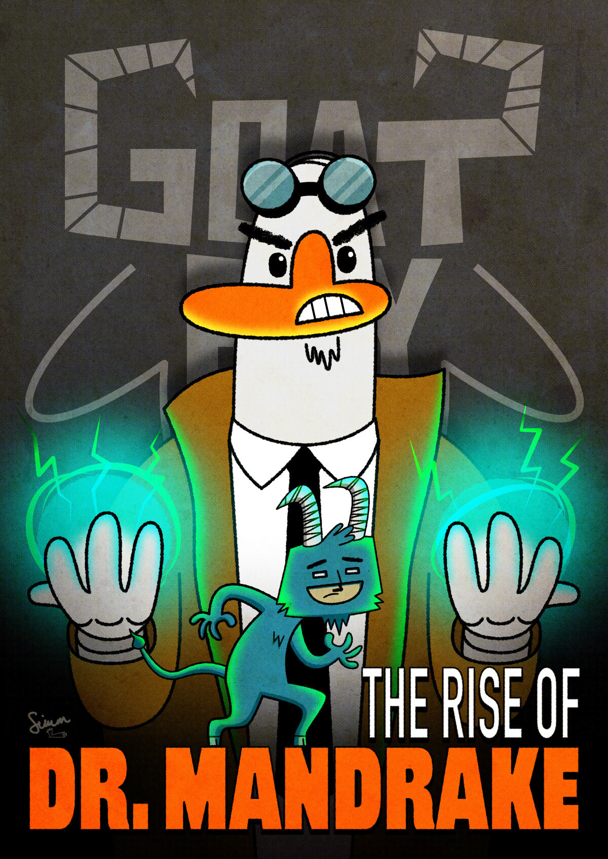Book cover of "Goat Boy and the Rise of Dr. Mandrake", featuring Dr Mandrake with glowing green hands and Goat Boy.