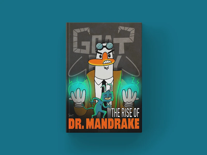 Goat Boy and the Rise of Dr. Mandrake book cover mockup featuring colourful cartoon illustration characters.