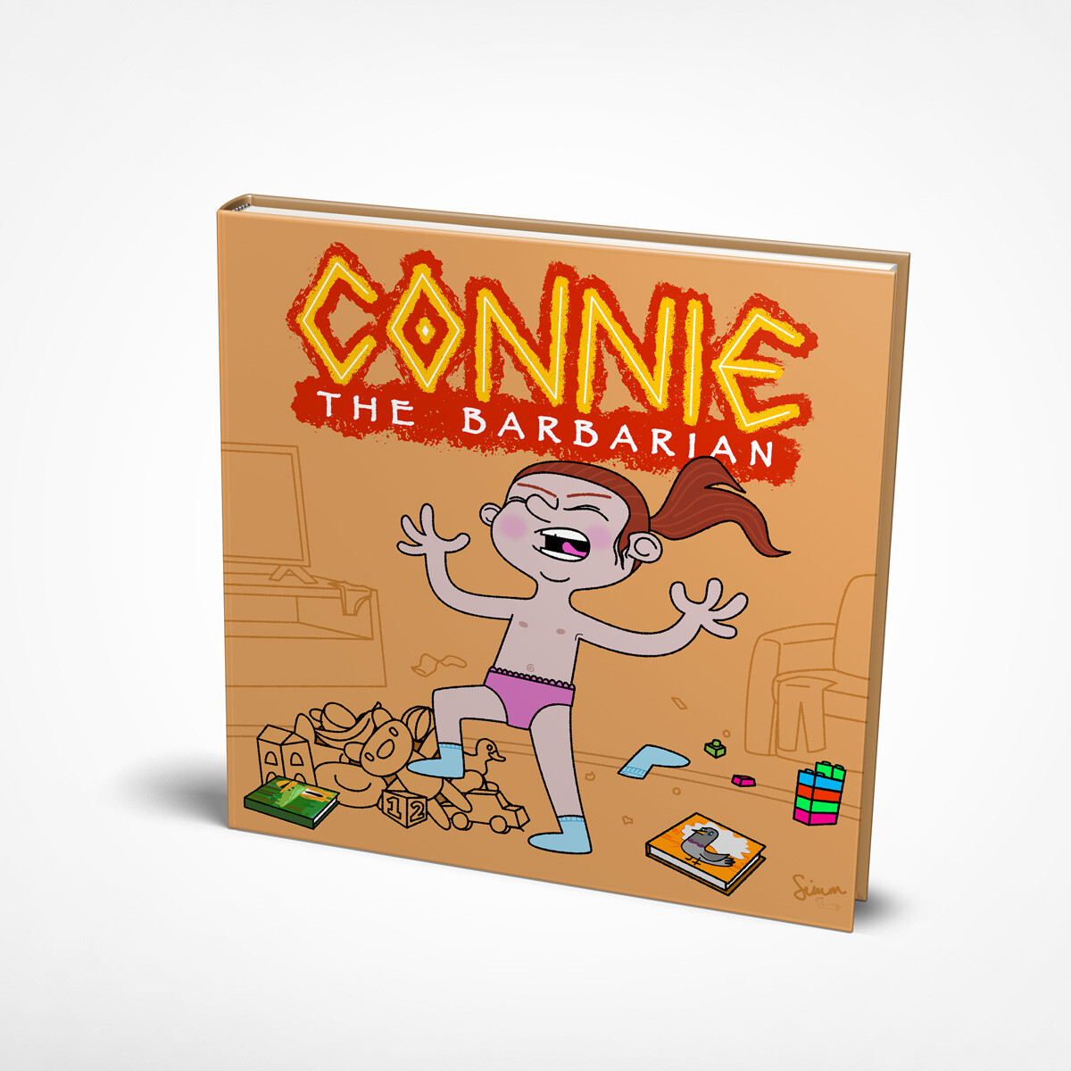Connie the Barbarian children's picture book cover mockup, featuring a cartoon illustration of a shouting toddler.
