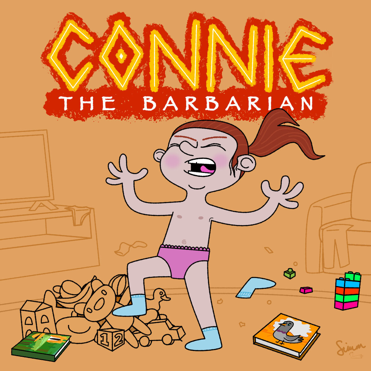 Children's picture book illustration for Connie the Barbarian, showing a roaring toddler playing in a messy room.