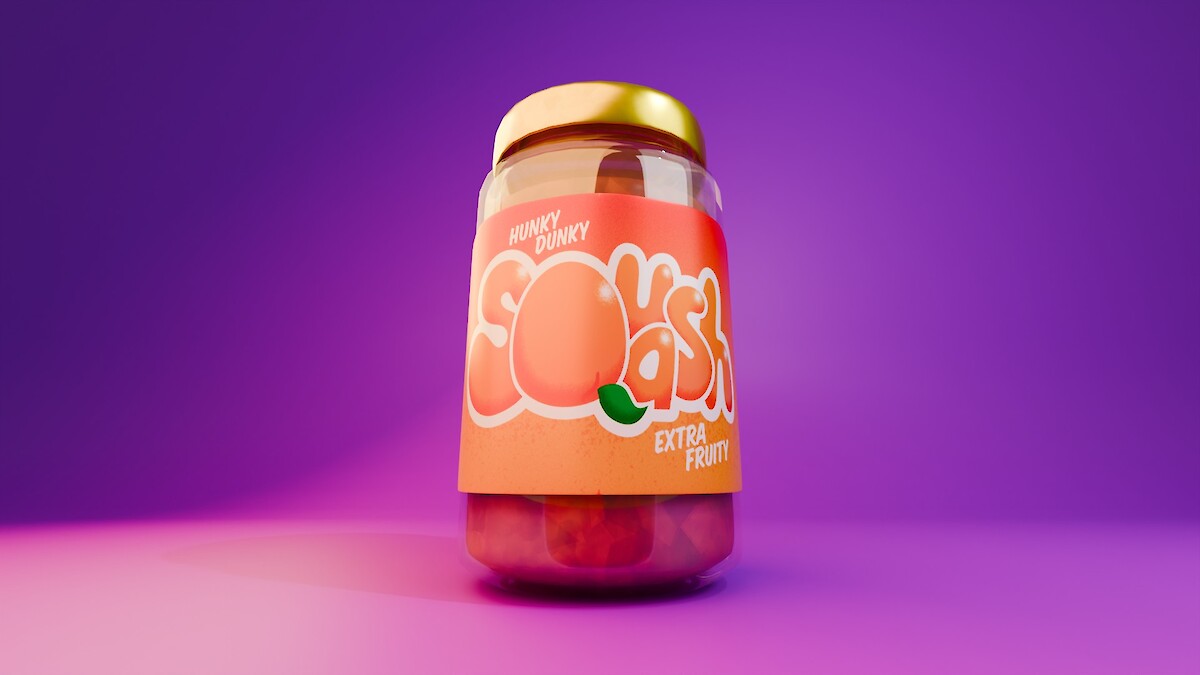 3D render of orange Squash jam jar with colourful hand-drawn bubble-style logo on a pink and purple background.