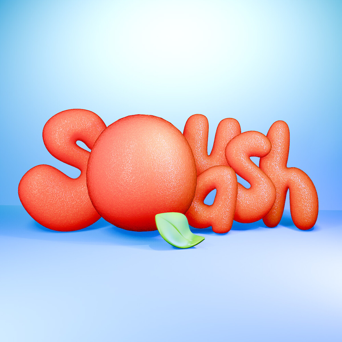 3D orange squash logo render featuring textured, bubbly orange-skin letters and a green leaf on a blue background.