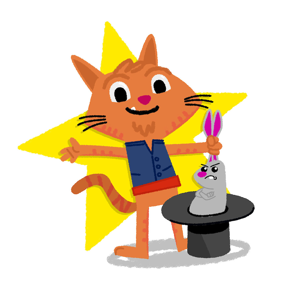 Colourful children's book illustration of a happy orange cat pulling a rabbit out of a hat