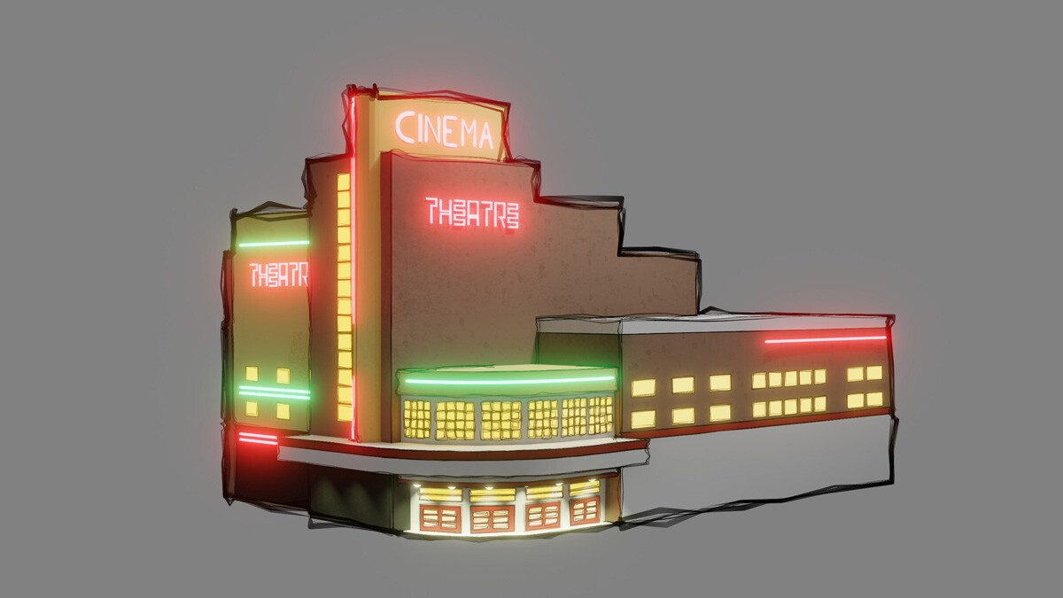 3D architectural sketch of the Stephen Joseph Theatre art-deco style building in Scarborough, North Yorkshire, UK.