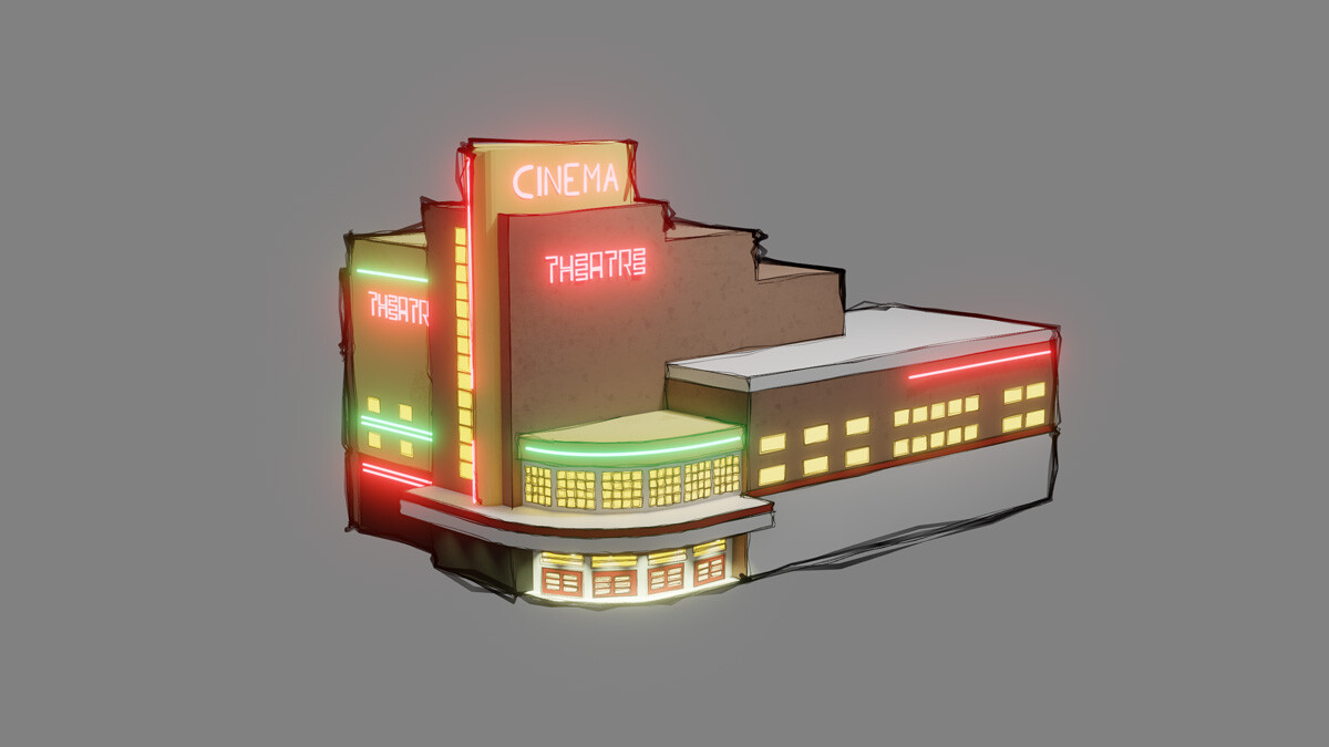 3D architectural sketch of the Stephen Joseph Theatre art-deco style building in Scarborough, North Yorkshire, UK.