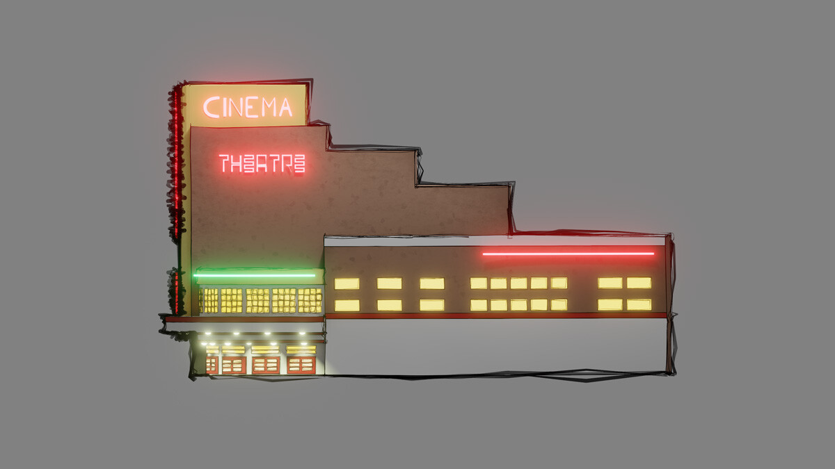 3D architectural sketch of the Stephen Joseph Theatre art-deco style building in Scarborough, North Yorkshire, UK.
