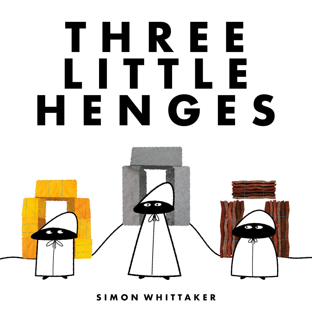 Picture book cover concept showing three whimsical black and white hooded figures standing in front of Stonehenge replicas made out of different materials.