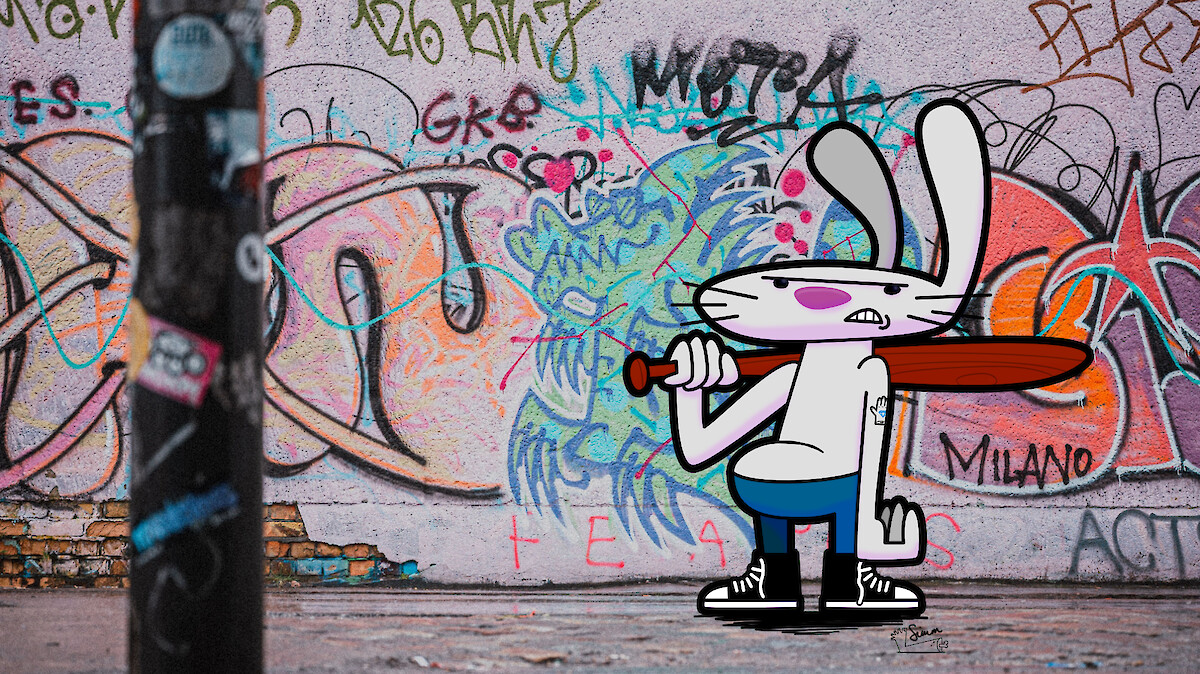 Cartoon rabbit with a baseball bat standing in front of a colourful urban graffiti wall with street art.