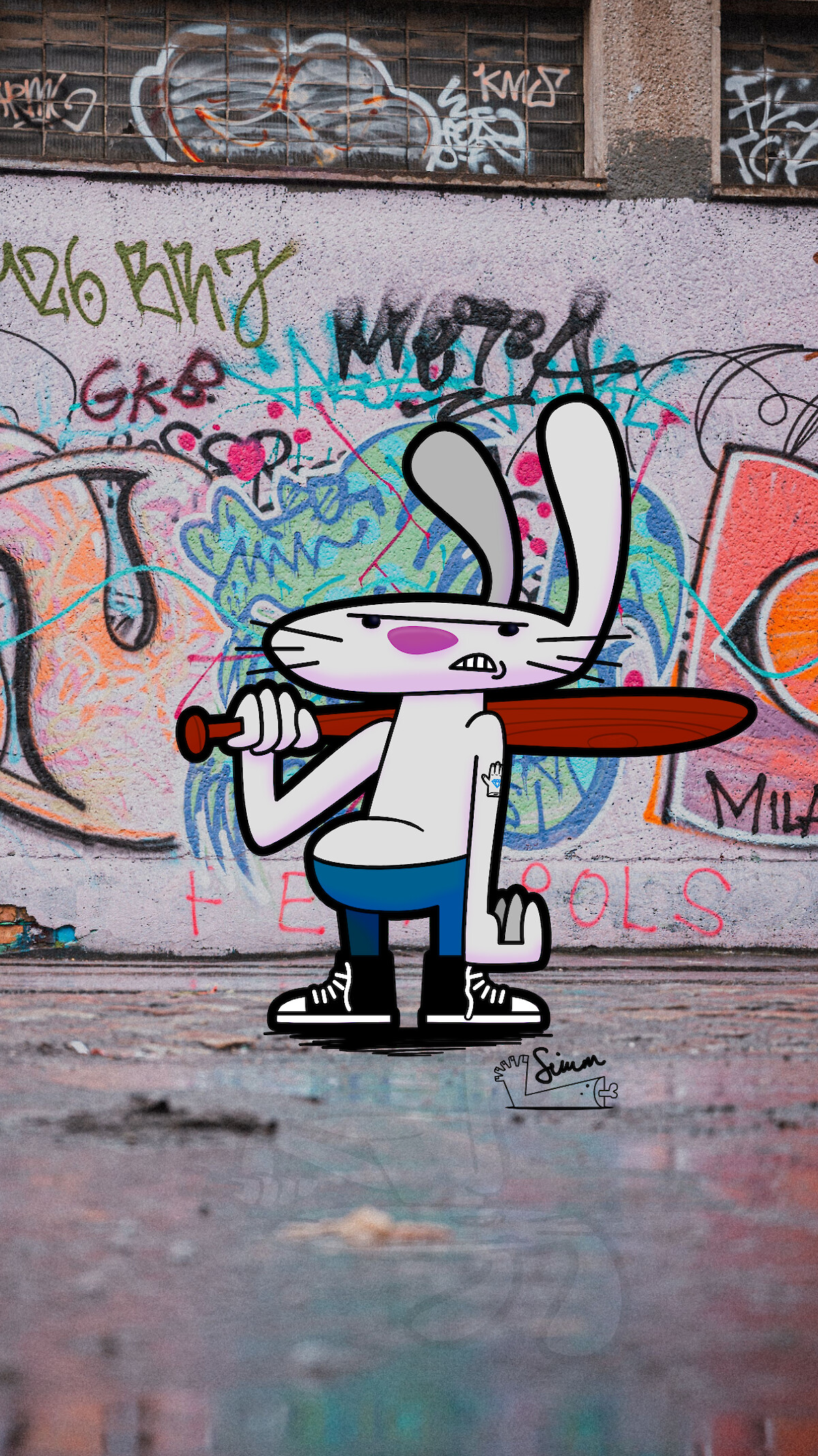 Cartoon rabbit with a baseball bat standing in front of a colourful urban graffiti wall with street art.